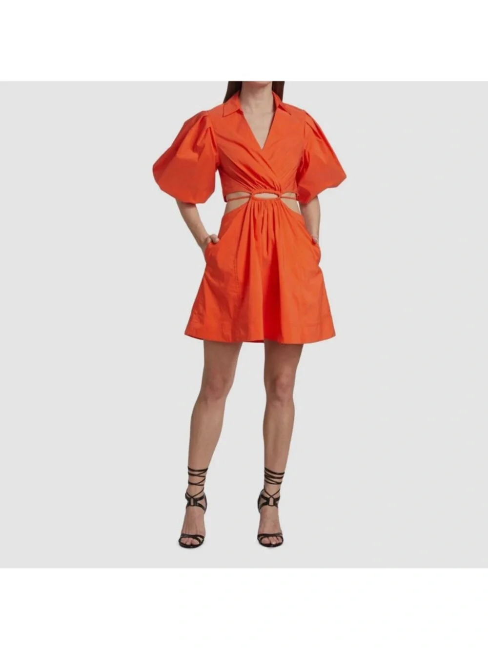 Jonathan Simkhai Aulora Cut‎ Out Mini Orange Puff-Sleeve Mini Dress Womens XS
